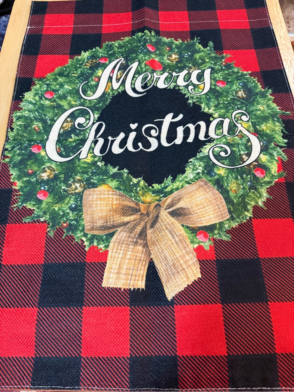 Merry Christmas black/ red plaid wreath garden flags 12 x 18 inch never outside